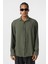 Basic Oversize Uzun Kol Keten Görünümlü Gömlek Haki 2