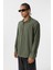 Basic Oversize Uzun Kol Keten Görünümlü Gömlek Haki 3