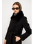 Yakası Çıkabilen Kürklü Punto Dikiş Detaylı Premium Uzun Kaban Siyah 3092 7