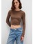Uzun Kollu Kahverengi Crop Basic Tişört 1612822-81959 7