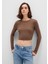 Uzun Kollu Kahverengi Crop Basic Tişört 1612822-81959 9