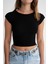 2009 Kadın Vücuda Oturan Basic Crop T-Shirt Siyah 5