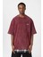 Yıkamalı Oversize Ekose Detaylı Tişört Bordo 3
