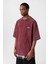 Yıkamalı Oversize Ekose Detaylı Tişört Bordo 4