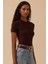 Kadın Yuvarlak Yaka Kısa Kollu Basic T-Shirt - Kahverengi 1