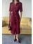 Tencel Önden Düğmeli Kısa Kol Elbise - Bordo 2