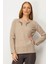 Kadın Sıfır Yaka Yaka Kenarı Işlemeli Yün Bluz K.bej 1