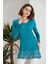 Kadın Turkuaz Mavi Dantel Detaylı Uzun Kol Curve Spor Şık Bluz Tunik 1