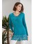 Kadın Turkuaz Mavi Dantel Detaylı Uzun Kol Curve Spor Şık Bluz Tunik 4