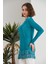 Kadın Turkuaz Mavi Dantel Detaylı Uzun Kol Curve Spor Şık Bluz Tunik 5