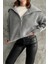 Gri Devrik Yaka Fermuarlı Triko Hırka Gri / Standart 5