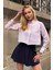 Kadın Özel Tasarım Çizgi Garni Crop Boy Uzun Kol Çift Manşetli Bluz Kısa Gömlek 2