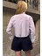 Kadın Özel Tasarım Çizgi Garni Crop Boy Uzun Kol Çift Manşetli Bluz Kısa Gömlek 3
