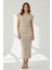 Taş Bej Büzgü Detaylı Triko Midi Elbise 2317 1