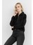 Siyah Kadın Peluş Yarım Fermuarlı Crop Sweatshirt 3056A 1