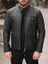 Erkek Slim Fit Siyah Suni Deri Ceket Dik Yaka Çift Cepli Günlük Stil 1