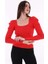 Kadın Kırmızı Kolu Pileli Büzgülü Prenses Kol Kare Yaka Bluz Kazak 2