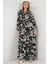 Kadın BDART Düğmeli V-Yaka Desenli Maxi Elbise Koyu Gri 1