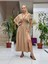 PT242500 Beli Lastikli Yaka Omuz Püsküllü Derin Yırtmaçlı Coton Elbise Camel 2