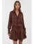 Kadın Gömlek Yakalı Uzun Kollu Fırfırlı Mini Elbise Brown 1