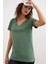 Yeşil Kadın V-Yaka Basic Tişört Örme Pamuk Penye T-Shirt 1
