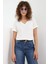 Krem Kadın V-Yaka Basic Tişört Örme Pamuk Penye T-Shirt 1