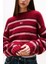 Kadın Rahat Kalıp Düşük Omuzlu Alpaka Karışımlı Çizgili Triko Kazak - Bordo 4