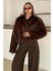 Sıfır Yaka Crop Suni Kürk Ceket Kahve 1014 1