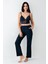Kadın Lacivert 3'lü Pijama Takım, Düz Alt Pijama Desenli Sabahlık ve Bralet Takım %50 Pamuk %50 Modal 3