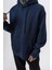 Erkek Respire Yazı Detaylı Kapüşonlu Basic Oversize Hoodie Lacivert 5