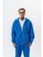 Erkek Respire Yazı Detaylı Kapüşonlu Basic Zip Oversize Hoodie Mavi 1