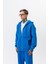 Erkek Respire Yazı Detaylı Kapüşonlu Basic Zip Oversize Hoodie Mavi 2