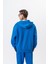 Erkek Respire Yazı Detaylı Kapüşonlu Basic Zip Oversize Hoodie Mavi 3