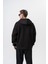 Erkek Respire Yazı Detaylı Kapüşonlu Basic Zip Oversize Hoodie Siyah 3