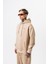 Erkek Respire Yazı Detaylı Kapüşonlu Basic Oversize Hoodie Bej 2