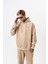 Erkek Respire Yazı Detaylı Kapüşonlu Basic Oversize Hoodie Bej 4
