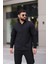 Flam Keten Dokulu Uzun Kollu Siyah Renk Yarım Oversize Erkek Gömlek 1