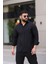 Flam Keten Dokulu Uzun Kollu Siyah Renk Yarım Oversize Erkek Gömlek 4