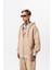 Erkek Respire Yazı Detaylı Kapüşonlu Basic Zip Oversize Hoodie Bej 2