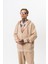 Erkek Respire Yazı Detaylı Kapüşonlu Basic Zip Oversize Hoodie Bej 4