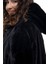 Kadın Siyah Kapüşonlu Kürk Kaban Kumaş Malzeme ile Günlük Kullanım İçin Tasarlandı 5