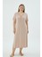 Kadın Büyük Beden V Yaka Dantel Detaylı Kısa Kollu Bej Gecelik C8T5N371 1