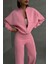 Kadın Şardonlu Üç İplik Eşofman Takımı GTS018 Pembe Pamuklu Günlük Kışlık Rahat Tasarım 1