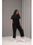 Kadın Büyük Beden Siyah, Bisiklet Yaka, Düşük Kol, Biye Detaylı Kapri Boy Takım 65N39069 4
