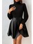 Miracotton Kadın Uzun Kollu Balıkçı Yaka Üst Kaşkorse Alt Deri Detaylı Mini Elbise 1