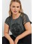 Büyük Beden Bisiklet Yaka Kesik Omuz Detaylı Taş Baskılı T-Shirt 322123 2