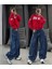 Y2K Kadın Mavi Ters Dikiş Detaylı Baggy Pantolon Geniş Paça Denim Model 3