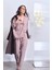 Koyu Bej Emilia Bağlama Detaylı Gömlek Yaka Saten Pijama Takımı 1