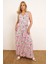 Büyük Beden V Yaka Sıfır Kol Beli Kuşaklı Pembe Desenli Maxi Elbise Trend A-Line Silüet 2