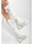 Janelle Beyaz Cilt Körüklü Küt Burun Kadın Topuklu Platform Çizme 1